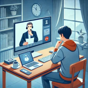 Egy informatikus távolról segít egy felhasználónak számítógépes problémában, a felhasználó otthon figyeli a képernyőt.