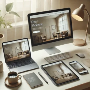 Mobilbarát weboldal megjelenítve laptopon, táblagépen és okostelefonon egy letisztult munkaasztalon.