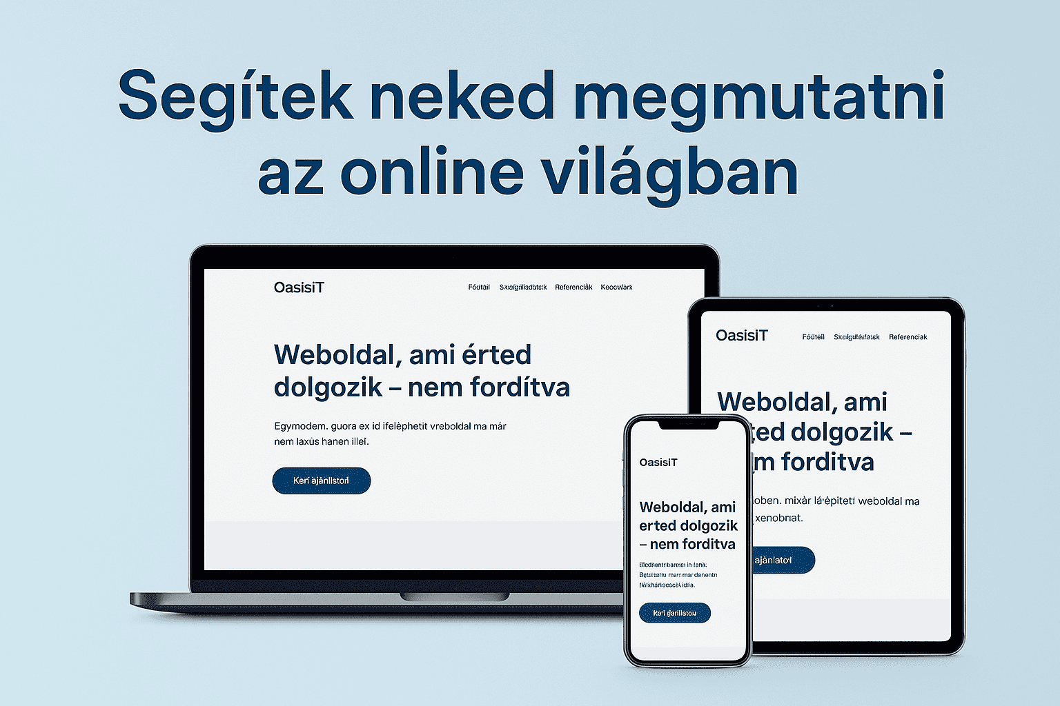 Laptop, tablet és mobil kijelzőn megjelenő modern weboldal dizájn „Segítek neked megmutatni az online világban” szlogennel – OasisIT