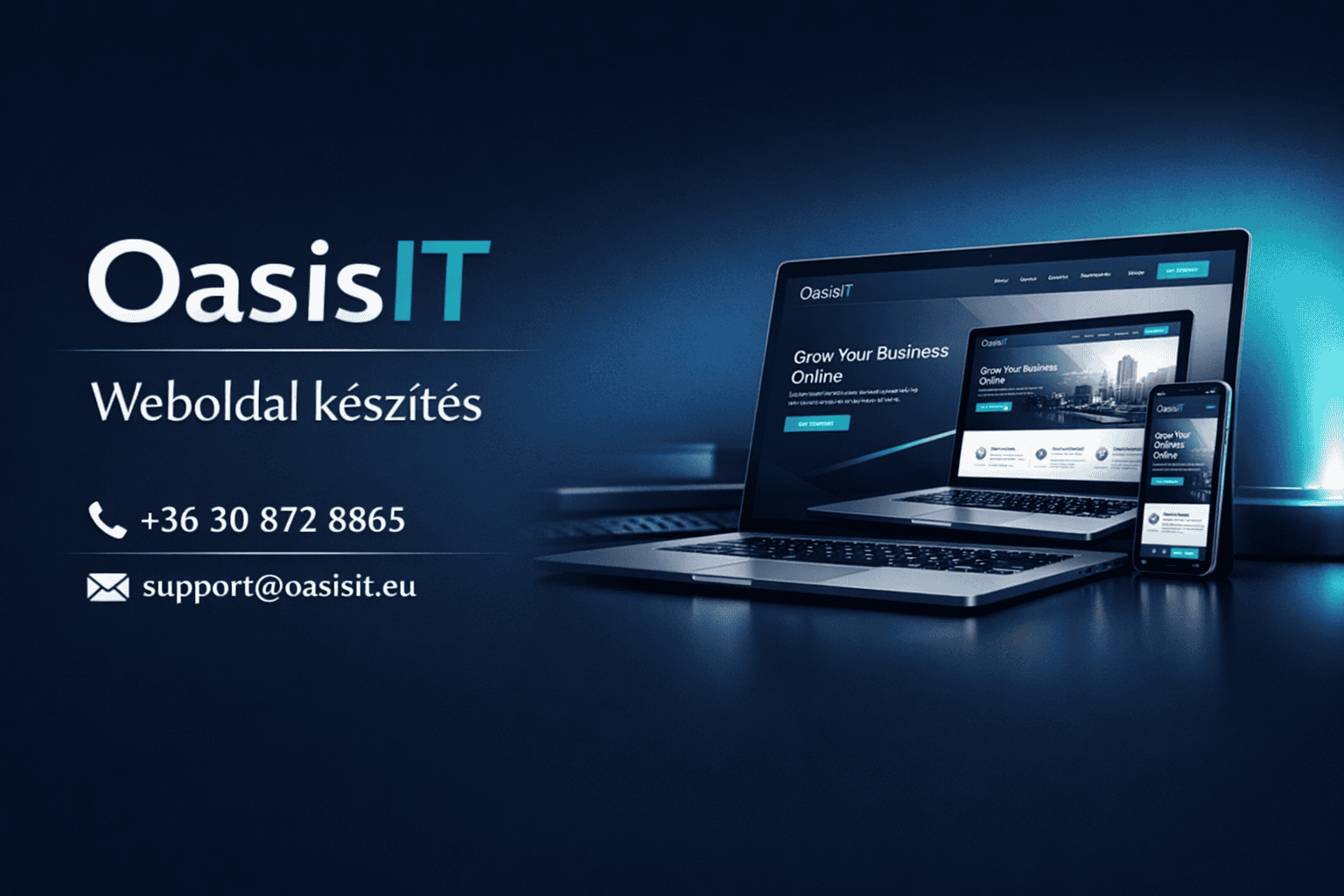 Modern, reszponzív weboldal megjelenítése laptopon és mobilon sötétkék, technológiai környezetben.