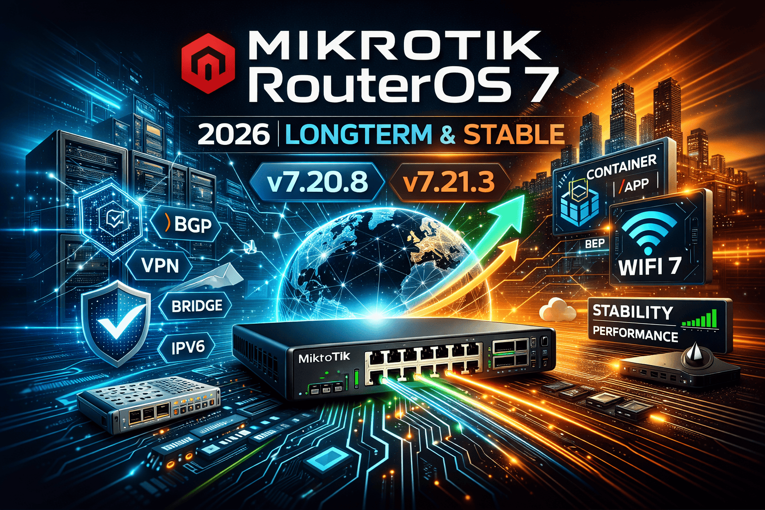 MikroTik RouterOS 7 LongTerm 7.20.8 és Stable 7.21.3 összehasonlítás 2026 – BGP, VPN, Container, WiFi 7 fejlesztések
