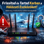 Router karbantartás és hálózati biztonság témájú kiemelt kép, középen egy modern Wi-Fi routerrel, figyelmeztető ikonnal, lakat szimbólummal és sötét hacker sziluettel a háttérben.