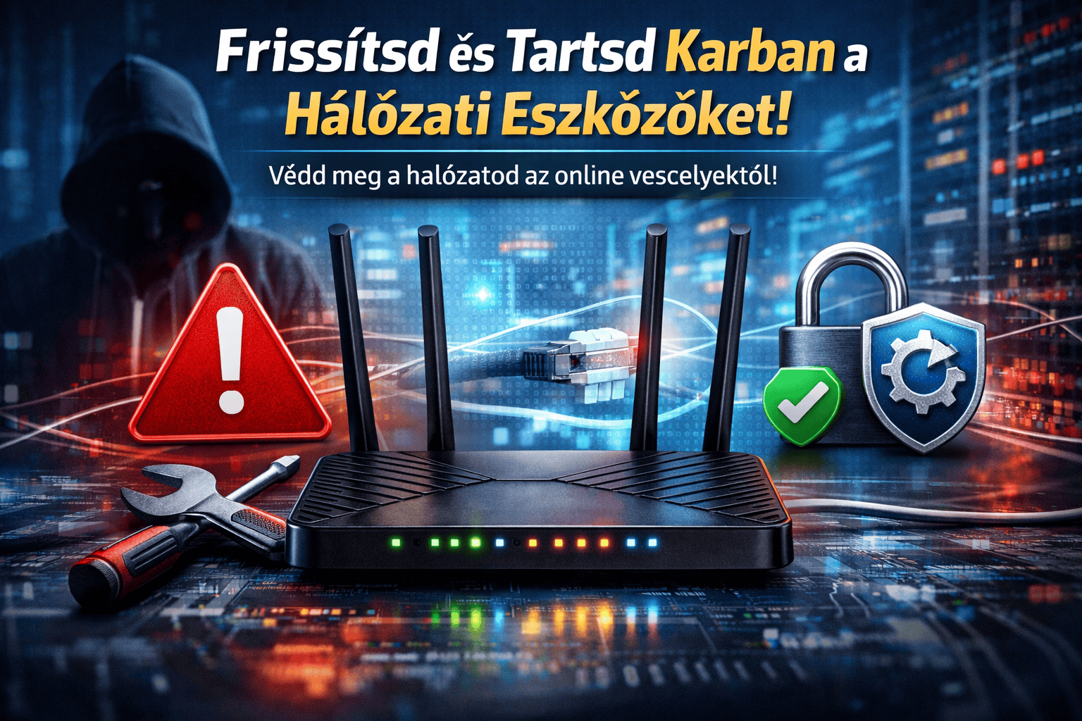 Router karbantartás és hálózati biztonság témájú kiemelt kép, középen egy modern Wi-Fi routerrel, figyelmeztető ikonnal, lakat szimbólummal és sötét hacker sziluettel a háttérben.